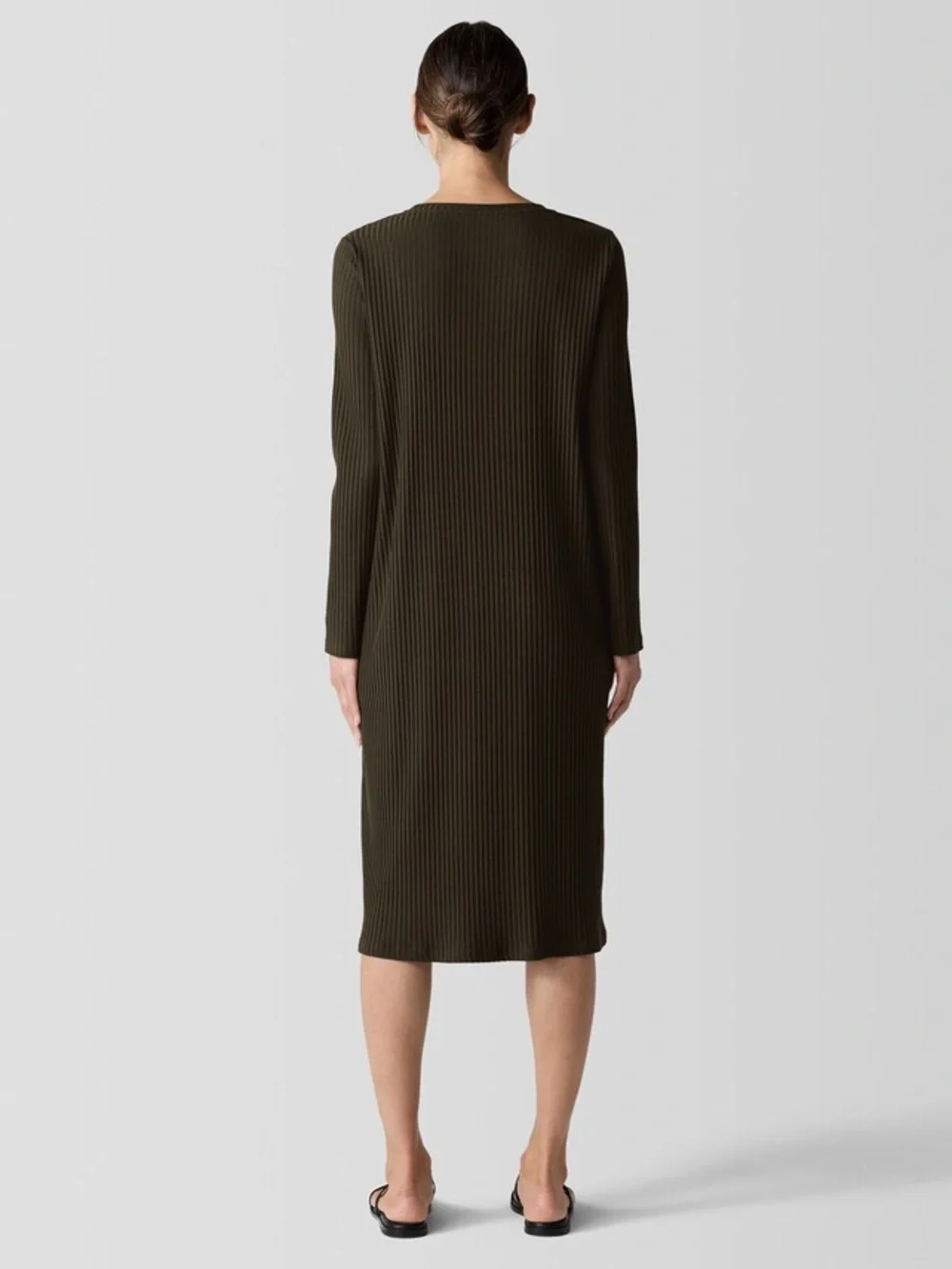 NWT Eileen Fisher Textured Stretch Rib Crew Neck Dress in Wren Chocolate Brown